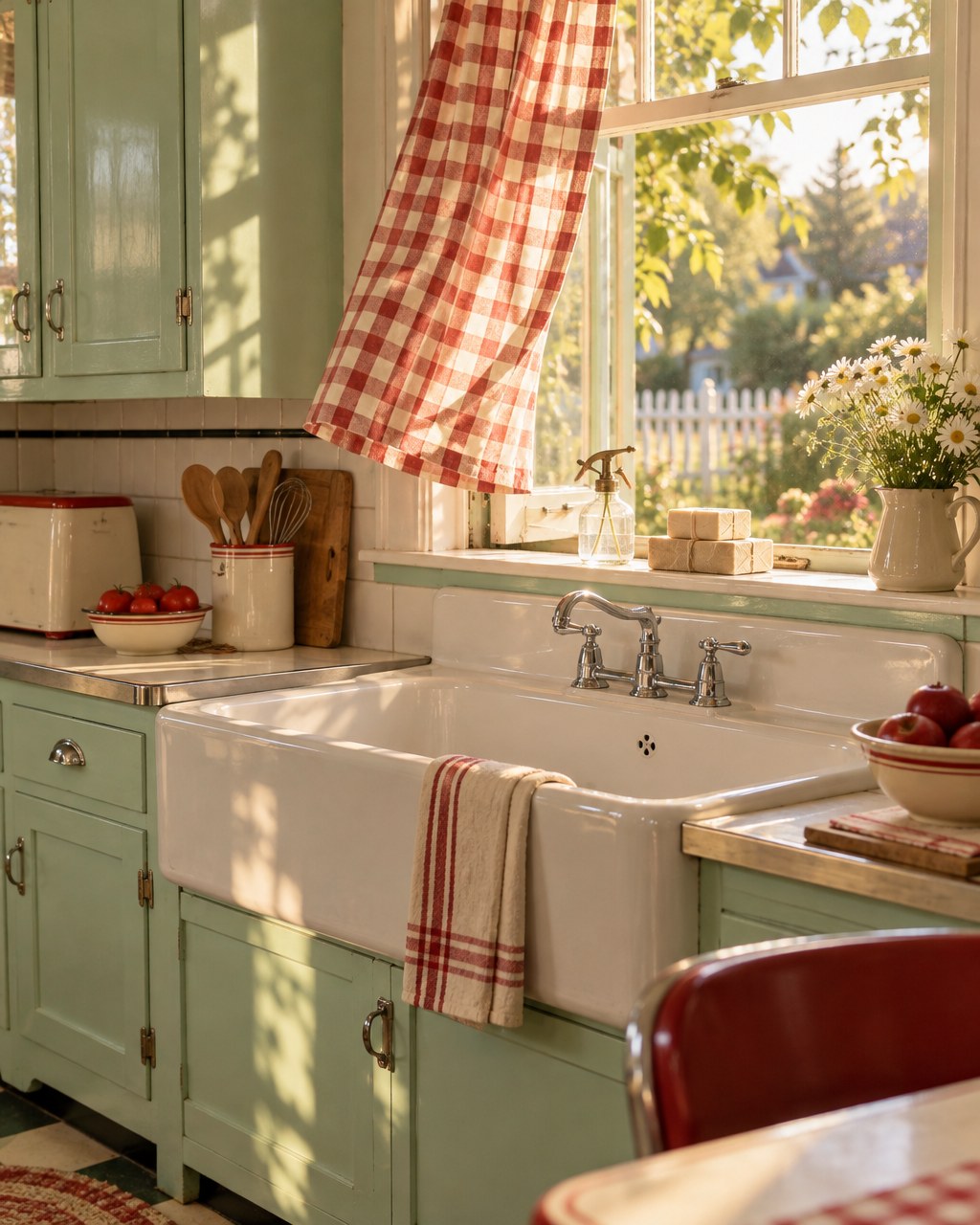 A warmly lit vintage kitchen with mint cabinets and red gingham curtains