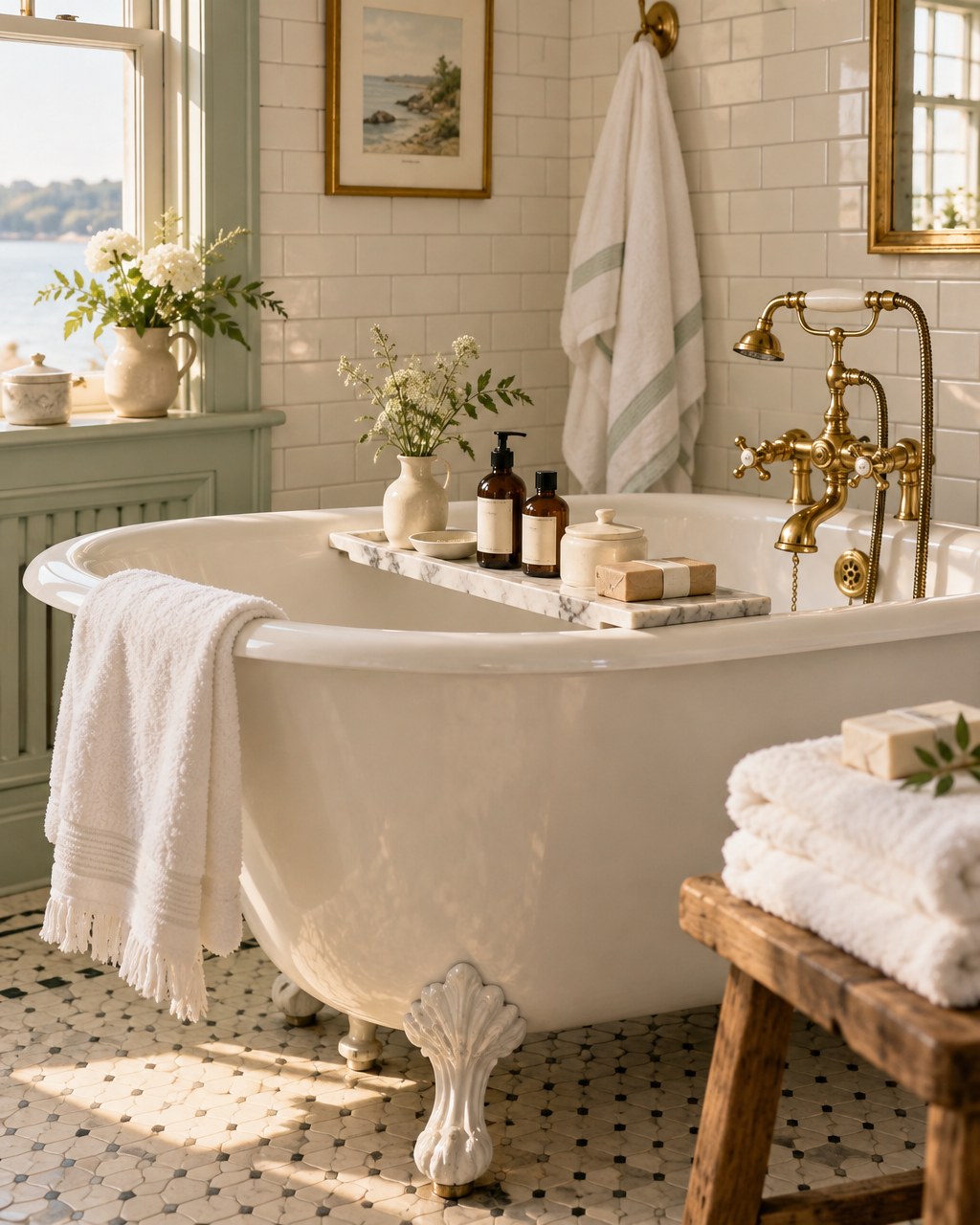 A freshly cleaned New England bathroom with a classic clawfoot bathtub