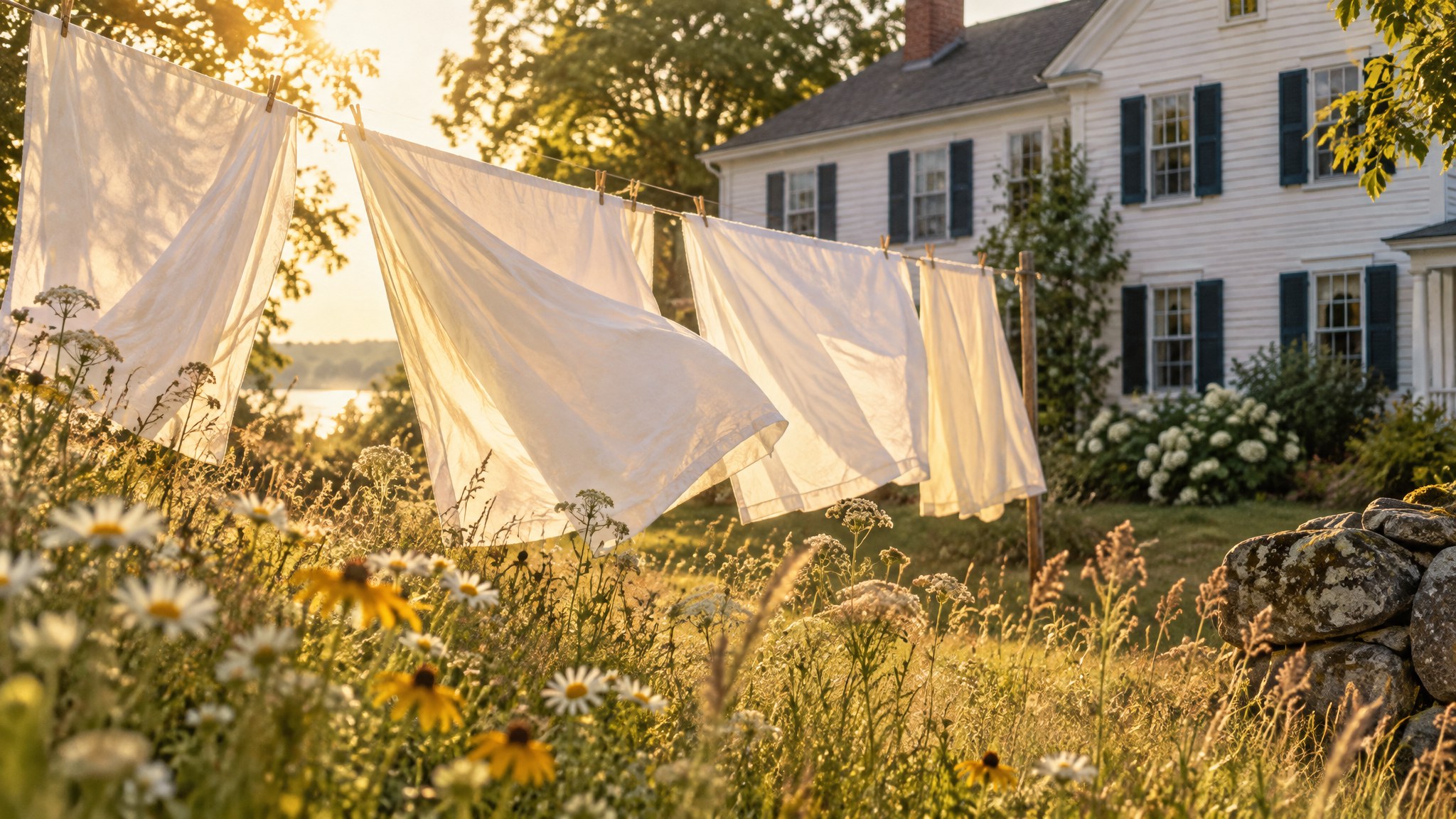 Fresh white linens drying in a New England garden